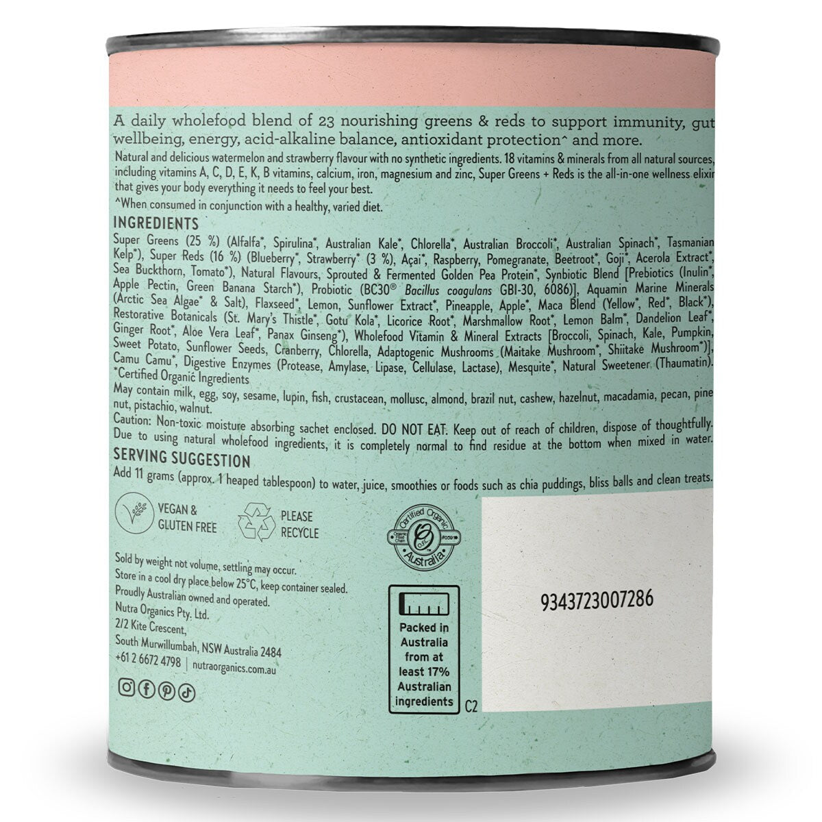 NUTRA ORGANICS Organic Super Greens + Reds (Wholefood Multivitamin) Watermelon Strawberry 300g