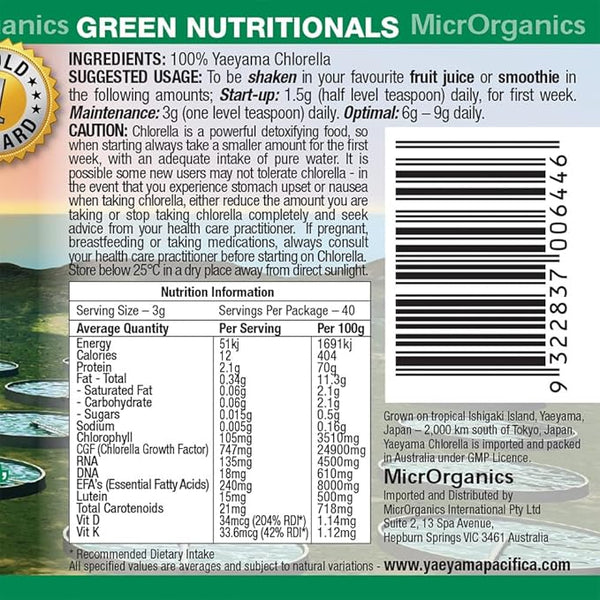 Green Nutritionals Yaeyama Pacifica Chlorella Powder 120g