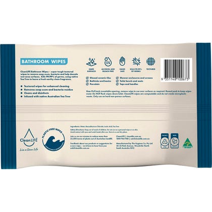 Bathroom Plastic Free Wipes Antibacterial Cleaning 25pk